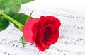 Red rose over Wedding March musical notes